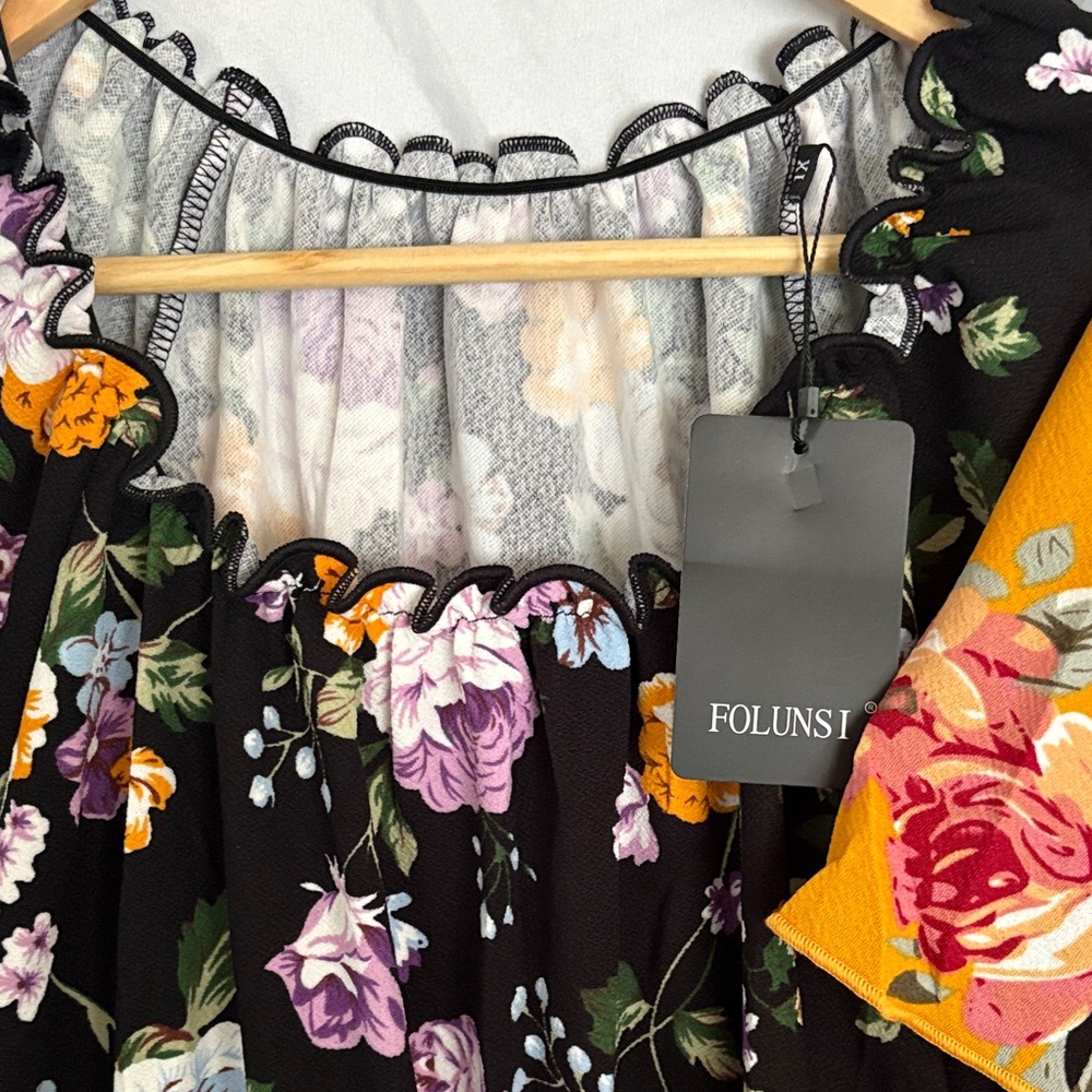 Floral Midi Dress - Black and Mustard - Picture 3 of 5